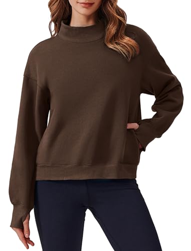 PINSPARK Sweatshirt for Women 2024 Fall Outfits Long Sleeve Fleece Top Turtleneck Sweater Shirts with Side Pockets Thumb Hole