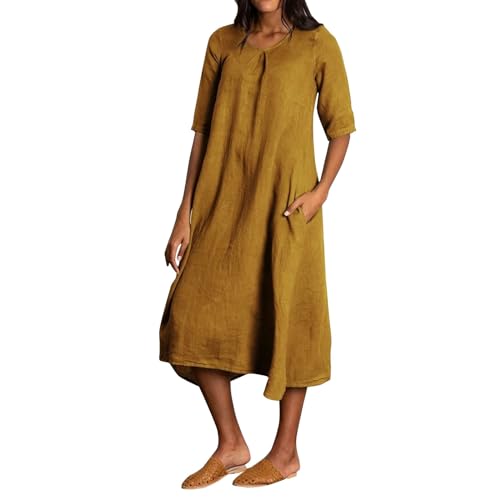 Boho Kleid Damen Sommer Einfarbig Baumwolle Leinen V-Ausschnitt Halben Ärmel Bluse Hippie(Gelb, XXL)