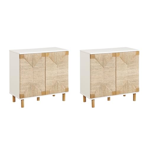 Image of Nathan James Beacon Accent Natural Sideboard Storage Cabinet TV Stand with Adjustable Interior Shelf and Seagrass Doors, for Hallway, Entryway or Dining Room, Light Brown /White, Set of 2