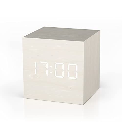 MICARSKY Wooden Digital Alarm Clock Cube Little Clock, LED Table Clock USB/Battery Powered for Heavy Sleepers, Kids, Bedrooms with Adjustable Brightness Voice Control, Brown………