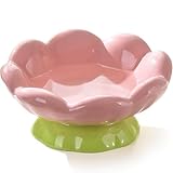 EubooTree Ceramic Raised Cat Bowl, Shallow Wide, Anti-Vomiting and Whisker Fatigue, Non-Slip, Tilted Cute Flower Cat Food and Water Bowls for Indoor Cats or Small Dogs, Pink