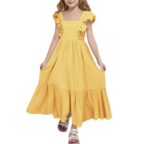 Generisch Elegante abito estivo da bambina con scollo quadrato, senza maniche e senza schiena, per feste e tempo libero, giallo., 12-13 Anni
