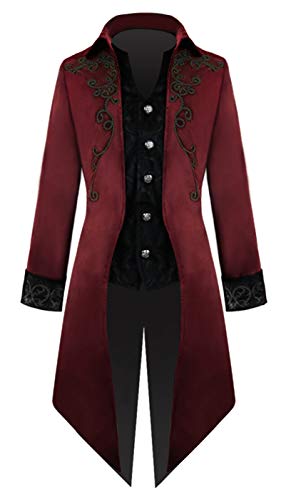 YUAKOU Men's Steampunk Vintage Tailcoat Jacket Gothic Victorian Frock Coat Uniform Halloween Costume Burgundy