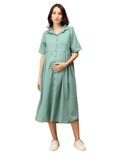 Image of The Mom Store Maternity & Nursing Midi Dress for Women | Pregnancy & Postpartum Wear | Cotton Flex Dress for New Mom | Trendy Stylish Comfortable Feeding Dress for Womens | Causal Office Formal Wear