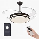 VENTILADOR TECHO LED APP MOVIL FACIL MONTAJE TECHO DC LED ATENUABLE RETRACTIL 4 ASPAS - Opción Sin Pitido, Temporizador, Invierno Verano, 3 Tonos, Modo Brisa, Bajo consumo (Negro, 107D)