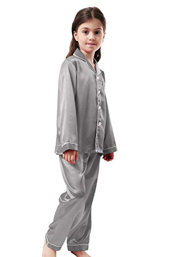 Pajamas Kid Unisex Pjs Set Girls Boys Silk Pajamas Set Satin Long Sleeve 2 Piece Clasic Sleepwear for 2-12 Years Todder3