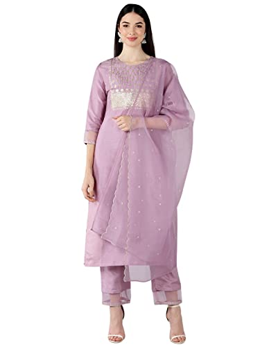 Vaamsi Women’s Polysilk Yoke Design Sequined Straight Kurta Pant Dupatta Set (PKSKD1158_M_Purple)