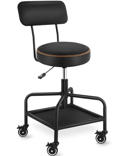 Shop Stool with Lockable Rubber Wheels Adjustable Backrest Tool Tray Storage 400 lb Capacity Rolling Garage Stool (Black)