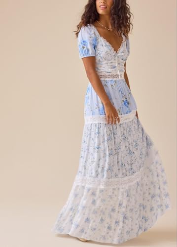 Image of Women Patchwork Dress Y2k Floral Puff Short Sleeve Maxi Dress Summer Boho Smocked Tiered Ruffle Beach Sundress