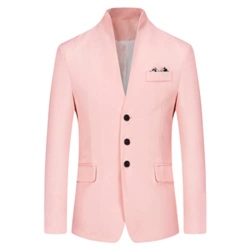 Men's Casual 3 Button Suit Jacket Vintage Stand Collar Lightweight Sport Coat Elegant Solid Slim Fit Dress Blazer (Pink,X-Large)