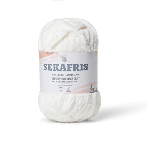 Image of Fuzzy Chunky Chenille Yarn for Crocheting & Knitting, Soft Plush 100g (49.2yd) Baby Blanket Yarn for Amigurumi, Crochet Fluffy Velvet (White)