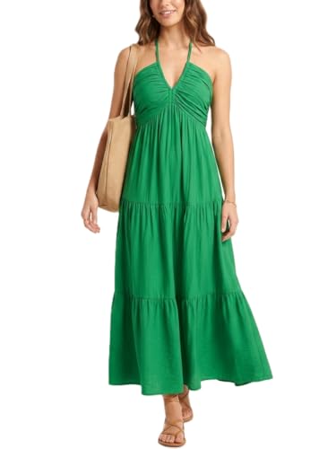 Image of Women's Casual Halter Tiered Vacation Maxi Dress with Pockets