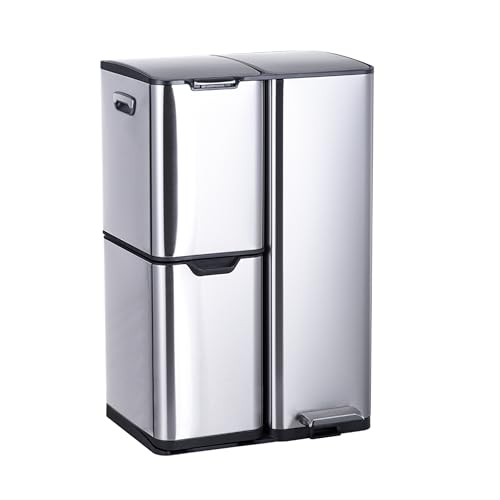Poubelle Relaxdays, 3 Compartiments, 60 L, seaux Amovibles, Fermeture Douce, pédale, INOX, tri déchets Cuisine, Argent