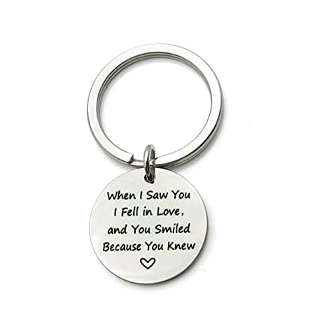 Ayoiow Women's Key Chain Engraved When I Saw You I Fur in Love Keyring Silver Stainless Steel Key Ring Cover