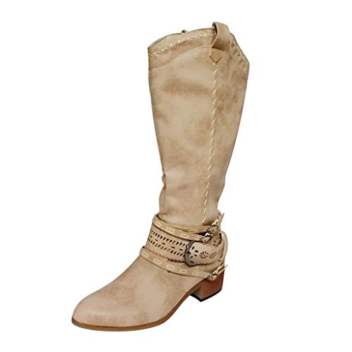 Fullwei Cowboy Boots for Women,Women Vintage Cowgirl Embroidered Thigh High Boots Ladies Western Knee High Motorcycle Riding Boot Walking Shoe (Khaki, 10.5)