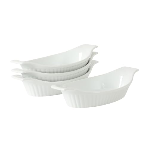 Gibson Home Gracious Dining Oval Au Gratin Baking Dishes, 4-Piece Set – 9 Oz Oven Safe Banana Split Bowls, Ceramic Small Casserole Dishes With Handles, Microwave & Dishwasher Safe Mini Bakeware, White