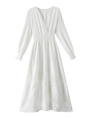 Image of Olaesa Long Sleeve Boho Maxi Dress for Women Lace Wedding Guest Dress | Spring Fall Bohemian Dress, Long Flowy Family Photo Dress with Pockets, V Neck Long Western Vacation Outfits