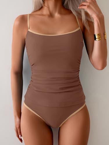 Image of Eomenie Women's Tankini Swimsuits Two Piece Tummy Control Bathing Suit Color Block Slim Swimwear with High Waisted Bottom