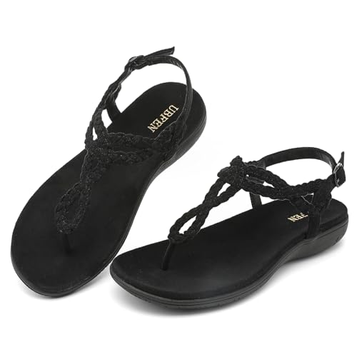 Image of UBFEN Womens Flat Sandals Dress Braided T-Strap Thong Sandals with Arch Support Comfortable for Walking