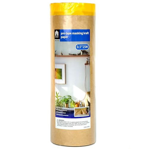 Image of Voomey Pre-Taped Masking Paper for Painting - 20 inch x 82 feet Tape and Drape Painters Paper, Paint Adhesive Protective Paper Roll for Covering Skirting, Frames, Cars and DIY Projects