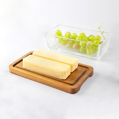 LiWiBet Large Butter Dish with Glass Lid Acacia Wood Base,