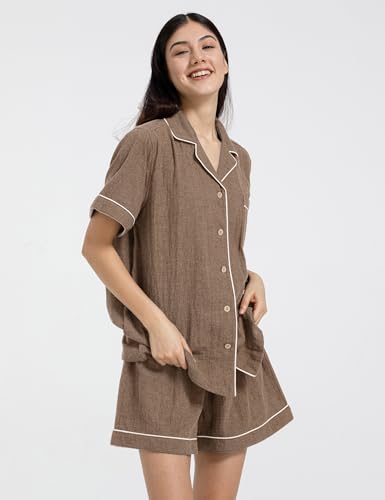 Image of Womens Muslin Pajama Sets 100% Cotton Double Gauze Linen Like Short Pjs | Breathable Soft Comfort Button Up Loungewear Sleepwear PJ Set