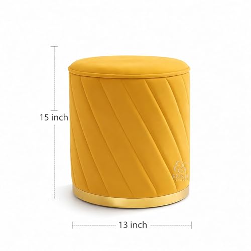 Image of Luxury Round Velvet Ottoman Stool with Gold Base - Modern Upholstered Footrest Pouffe, Tufted Vanity Seat, Living Room Bedroom Dressing Stool (Yellow)