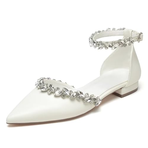 Flat Wedding Shoes for Bride Rhinestones Pointed Toe Ankle Strap Bridal Flats Women Formal Shoes