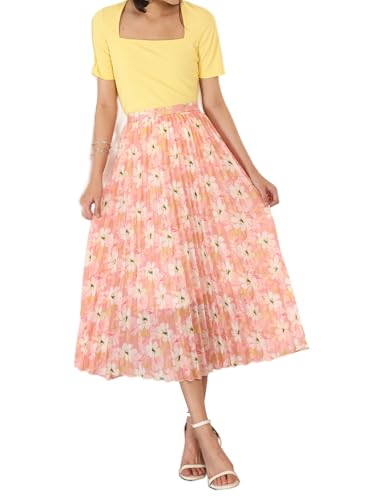 Image of FableStreet Women Skirt Casual & Festive | Elegant Flared Fit High Rise Knife Pleats All-Over Floral Print | Wrinkle-Resistant Woven Fabric for Summer & Outings
