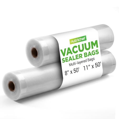 Image of NutriChef Vacuum Sealer Bags for Food 8 inch x 50' & 11 inch x 50' (2 Rolls, 100' Total) - Works with All Sealers, BPA-Free, Heavy-Duty, Multi-Layered - Freezer, Microwave & Sous Vide Safe