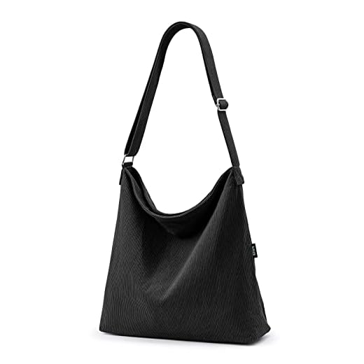 HIKARO Marque Amazon Sac épais en velours côtelé pour femme sac tote avec zip, large, noir