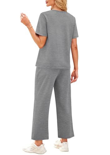 Image of WIHOLL 2 Piece Sets for Women Casual Summer Travel Vacation Outfits Short Sleeve Wide Leg Crop Pants Lounge Sets
