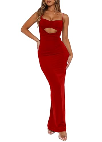 Image of NUFIWI Women Sexy Cutout Long Dress Spaghetti Strap Ruched Bodycon Maxi Dress Backless Hollow Cocktail Dresses