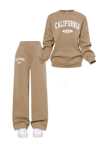 SOLY HUX Cute Clothes for Girls Sweatsuit Sets Crewneck Casual Sweatpants 2 Piece Outfits Sweatshirt and Pants Khaki Letter 12Y