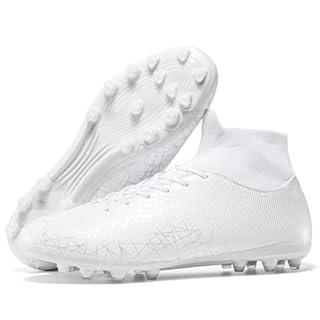 Eoecoioui Unisex Adult Soccer Cleats Professional Soccer Shoes High-Tops Breathable Athletic Turf Outdoor Indoor Mens Spikes Shoes White