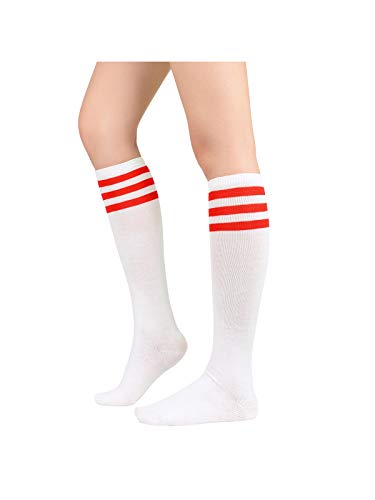 Century Star Women's Knee High Socks Athletic Thin Stripes Tube Socks High Stockings Outdoor Sport Socks 1 Pack White Red One Size