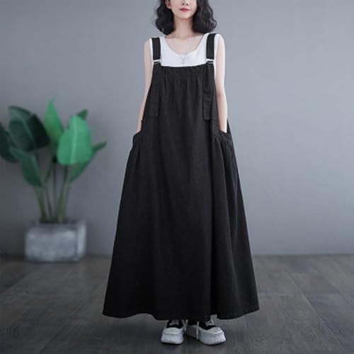Image of Women's Casual Loose Denim Dress Sleeveless Adjustable Straps Denim Jumper Dress with Pockets