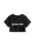 SweatyRocks Women's Summer Letter Print Crop Top T-Shirts Casual Short Sleeve Cropped Tee Black-10 S