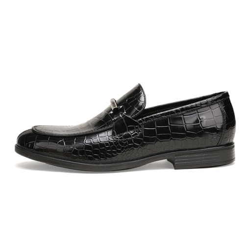 Image of Mens Leather Penny Loafers, Classic Crocodile Printed Business Dress Shoes with Metal Buckle Slip on Penny Shoes for Mens