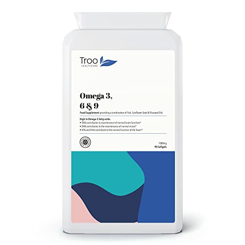 Troo Health Care Omega 3 6 9 Fish Oil 1000mg 90 Softgel Capsules - Essential Fatty Acids Including EPA, DHA & ALA for Daily Brain, Vision, Heart, Cholesterol, Pregnancy Support