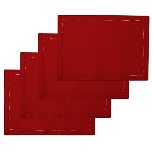 Image of Encasa XO Table Mats Set of 4 | Pure Cotton Hemstitched Design | Red | Rectangular Size 48x32 cm - Dining Placemat | Machine Washable