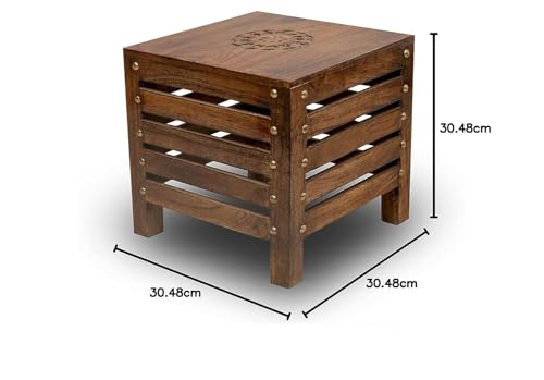 Image of SATTVA Wooden Stool for Living Room & Bedroom | Handmade Solid Mango Wood Stool with Antique Finish | Multipurpose Wooden Stool for Sitting, Footstool, Plant Stand, Side Table, Home - Brown