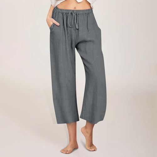 Straight Leg Pants for Women Petite Cropped High Waisted Linen Pants Beach Vacation Pull On Capri Pants with Pockets2