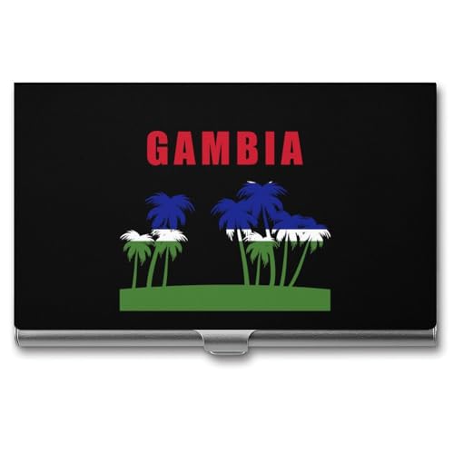 Palm Tree Gambia Flag Slim Business Card Holder Wallet for Men & Women Pocket Metal Case 3.7x2.2x0.3 Inches