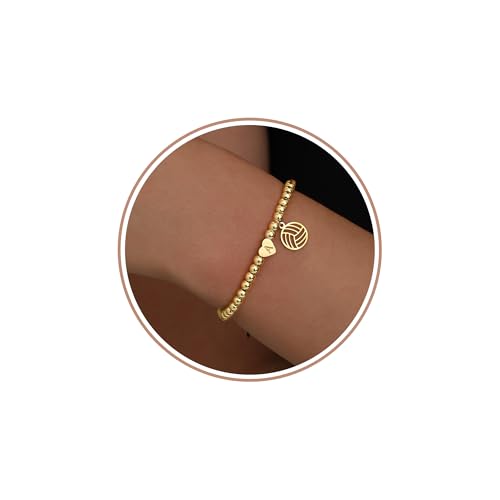 Volleyball Stuff, Volleyball Gifts Initial Bracelet Adjustable Letter A-Z Gold Beaded Bracelets for Women Heart Link Stocking Stuffers Mothers Day Gift Basket Christmas Graduation Jewelry