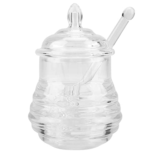 Honey Dispenser, 245ml Honey Jars with Dipper Honey Dipper Honey Pot Transparent Beehive-shaped Honey Jar Glass Honey Jar with Dipper and Lid Honey Container for Storing and Dispensing Honey