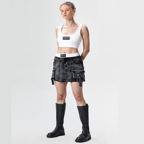 Women's Two-Piece Outfit Set, White Crop Tank Top with Black Cargo Denim Mini Skirt, Casual Summer Street Style2