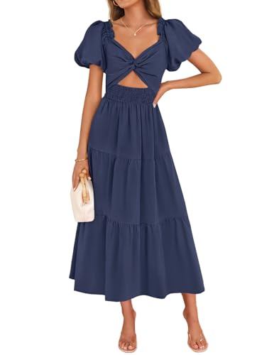 Image of ZESICA Womens Summer Casual Flowy Vacation Maxi Dress 2026 Short Puff Sleeve A Line Smocked Cutout Beach Party Dresses
