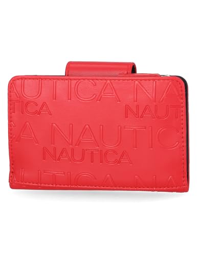 Image of Nautica Womens, Close Reach Vegan Leather RFID Wallet, Small Credit Card Holder Purse with Zipper Coin Pocket and ID Window in Red Embossed