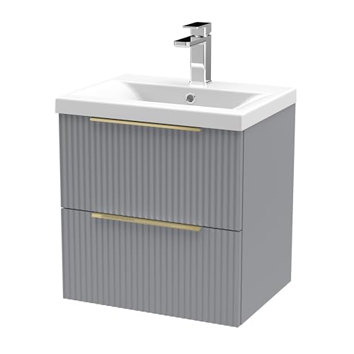 Image of Balterley Vanity Unit with Basin Wall Hung, 2 Drawer Soft Close with Mid Edge Sink and Handles, Bathroom Vanity Units with Basin, Fluted Front Sink Cabinet - 510 x 390 x 540mm (Grey)